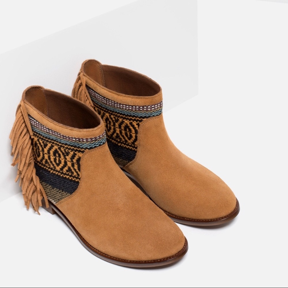ZARA Trafaluc Bohemian Fringes Tribal Ankle Boots